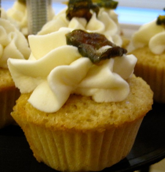 Texarcane: Sweet Corn Cake with Lime Mascarpone icing, garnished with candied jalapeno